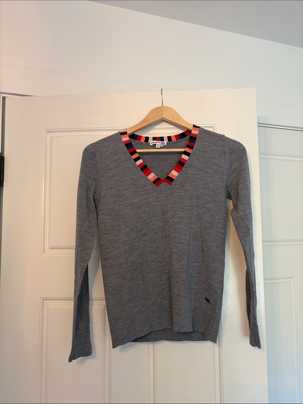 Lacoste Merino Wool Gray V-Neck Sweater with Striped Trim